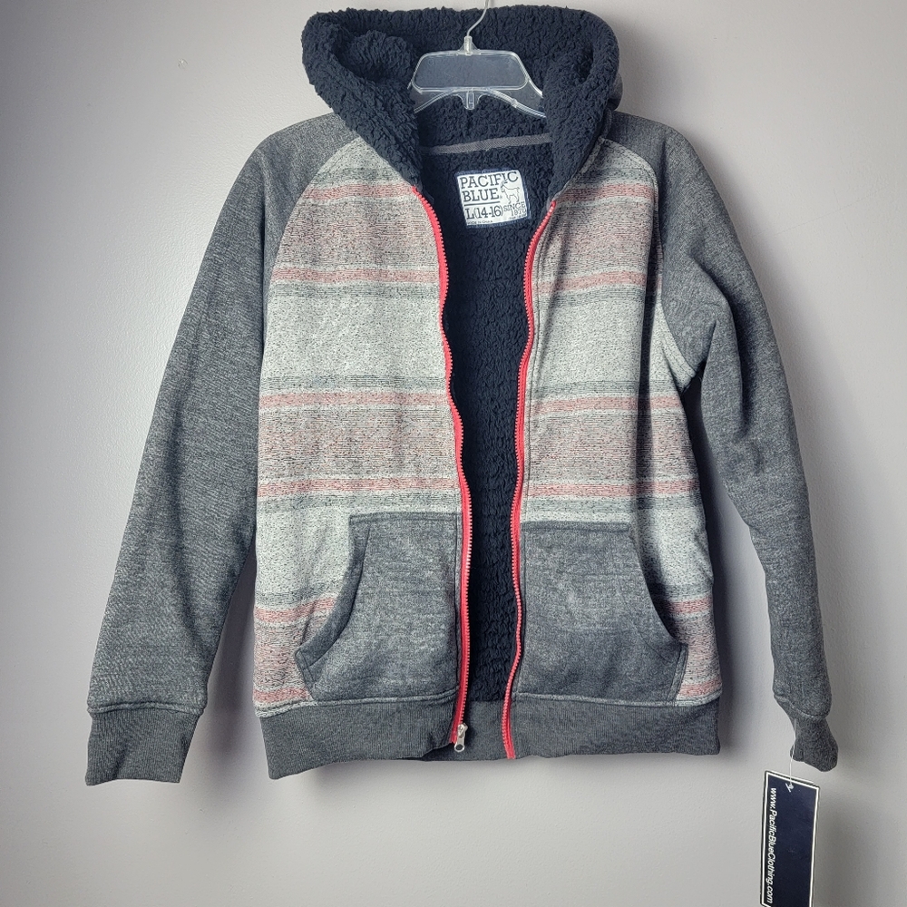 Pacific Blue Boys Girls Coat Hood Jacket Fleece Lined Gray Pink Pockets Sz 14-16